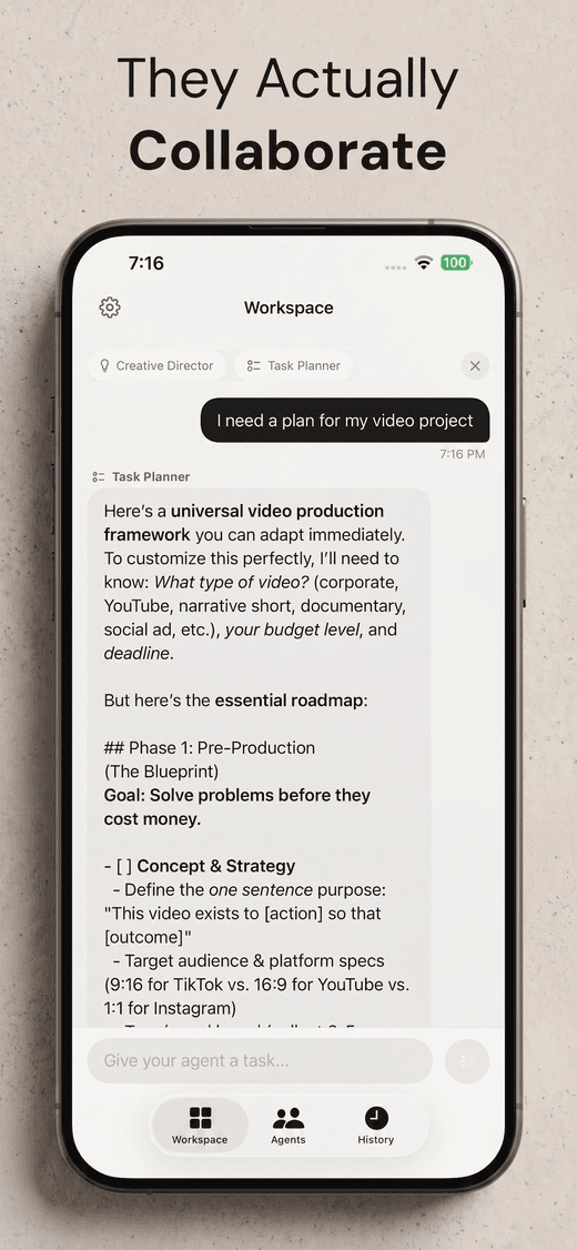 Agentic AI app — multi-agent workspace where a Creative Director and Task Planner collaborate on one brief